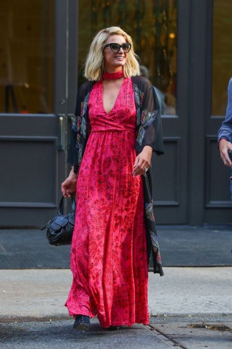 Paris Hilton – Seen in an red floral dress in New York City