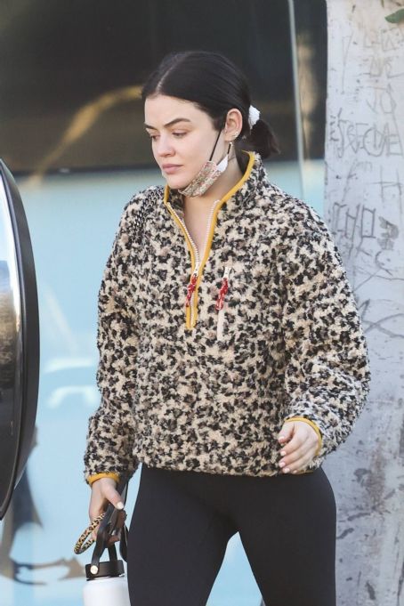 Lucy Hale – In animal print sweater out for yoga class in Los Angeles
