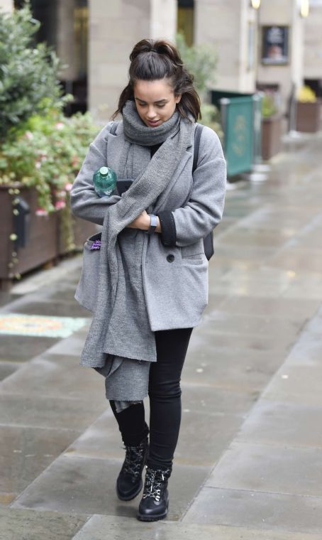Georgia May Foote in Grey Coat – Out and about in Manchester