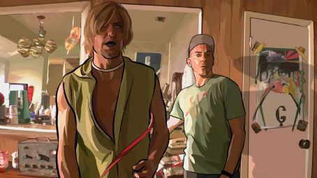 Woody Harrelson as Ernie Luckman and Robert Downy Jr. as Jim Barris in director Richard Linklater’s A Scanner Darkly, based on the Philip K. Dick novel. A Warner Independent Pictures release. © 2005 Warner Bros. Entertainment.